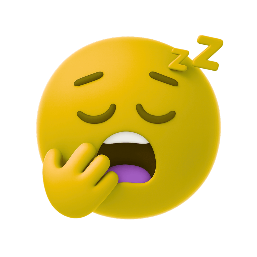 Sleeping yawning yellow face emoji with Zzz, hand over mouth, very tired, vector graphic.