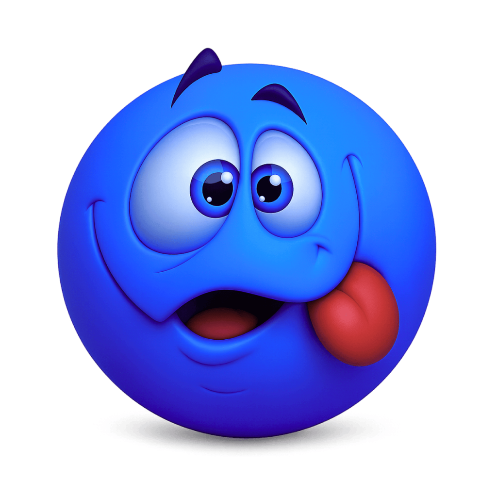 Blue 3D squinting face emoji with tongue sticking out mischievously on black background.