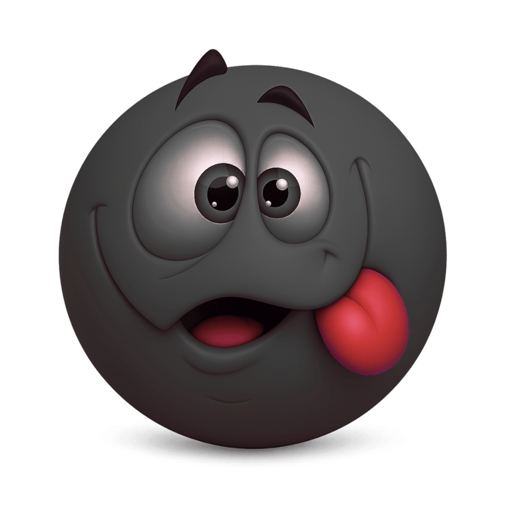 Gray 3D squinting face emoji with tongue sticking out mischievously on black background.