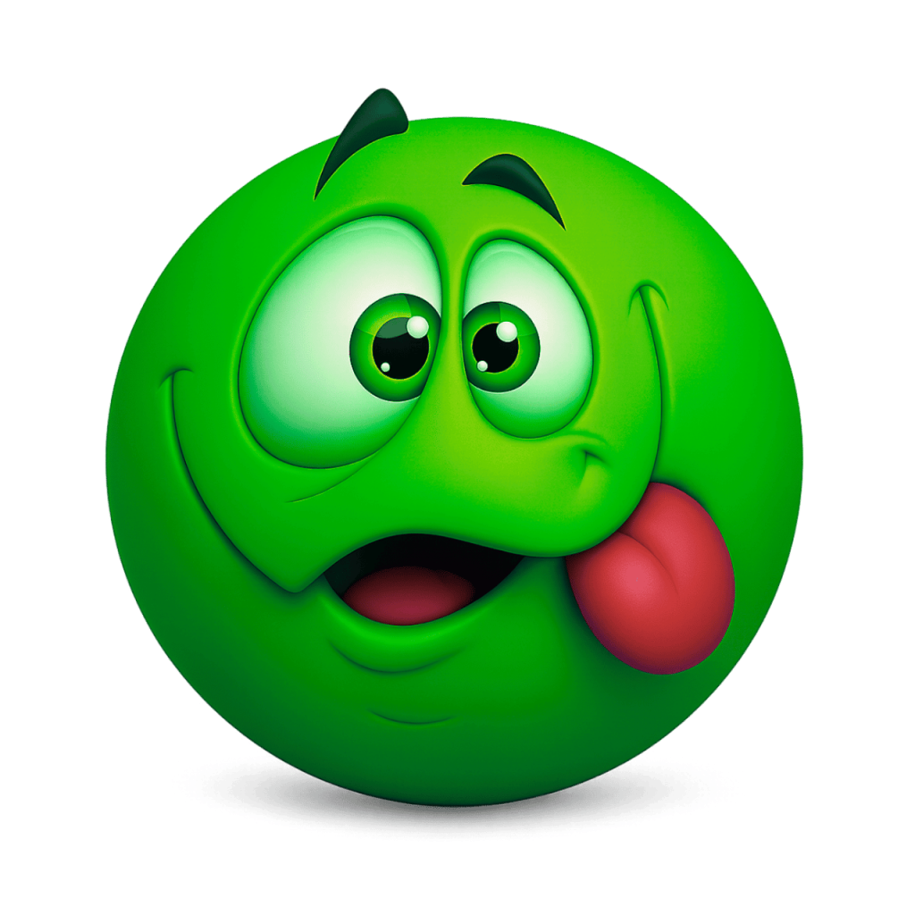 Green 3D squinting face emoji with tongue sticking out mischievously on black background.