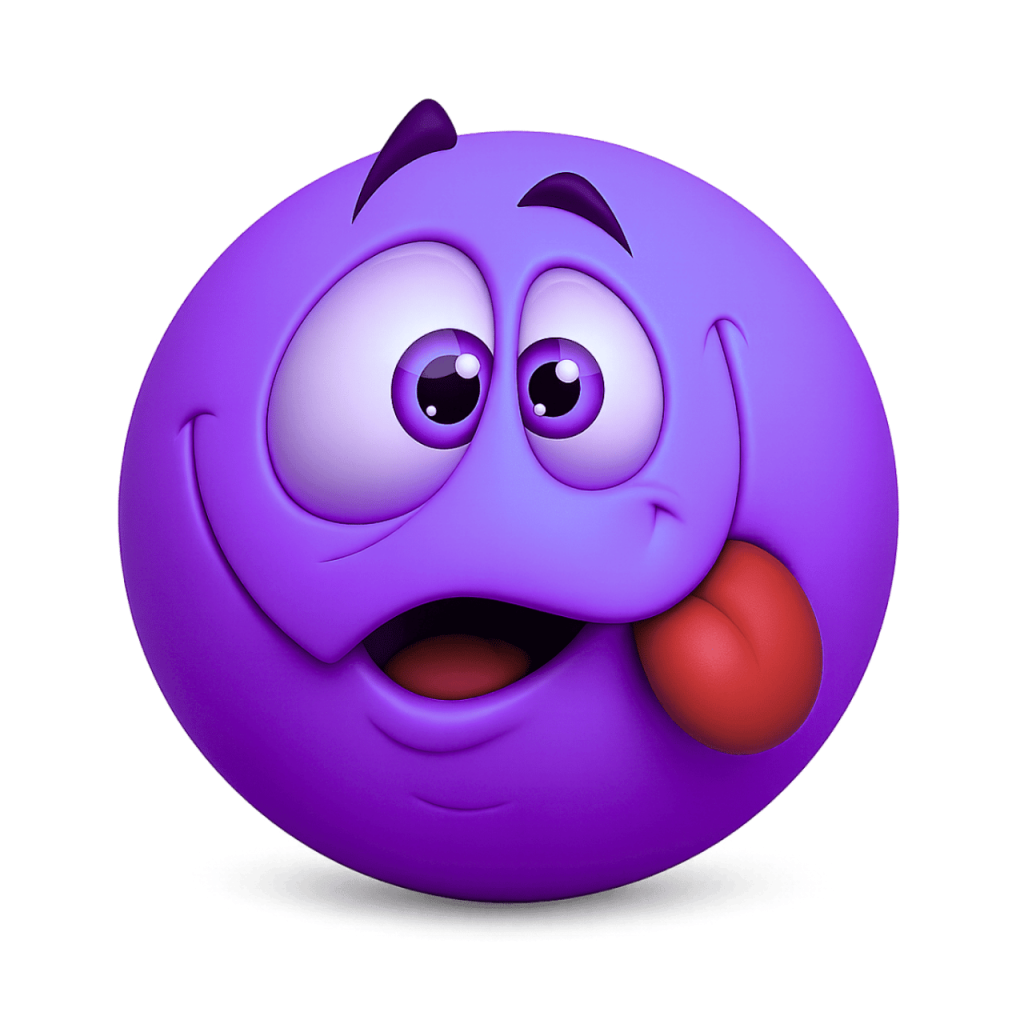 Lavender 3D squinting face emoji with tongue sticking out mischievously on black background.