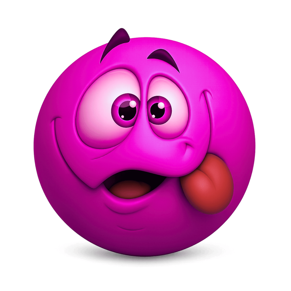 Magenta 3D squinting face emoji with tongue sticking out mischievously on black background.