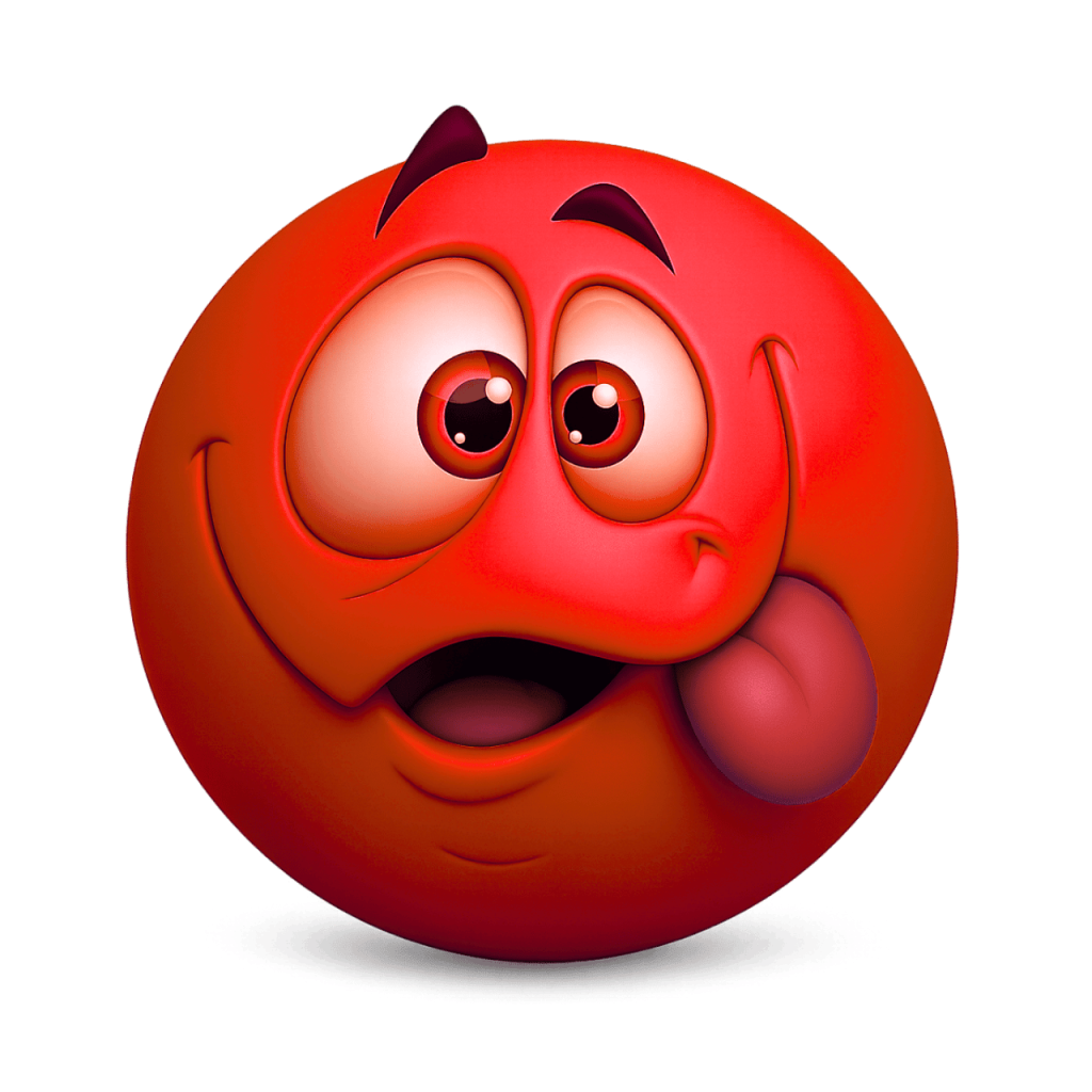 Red 3D squinting face emoji with tongue sticking out mischievously on black background.