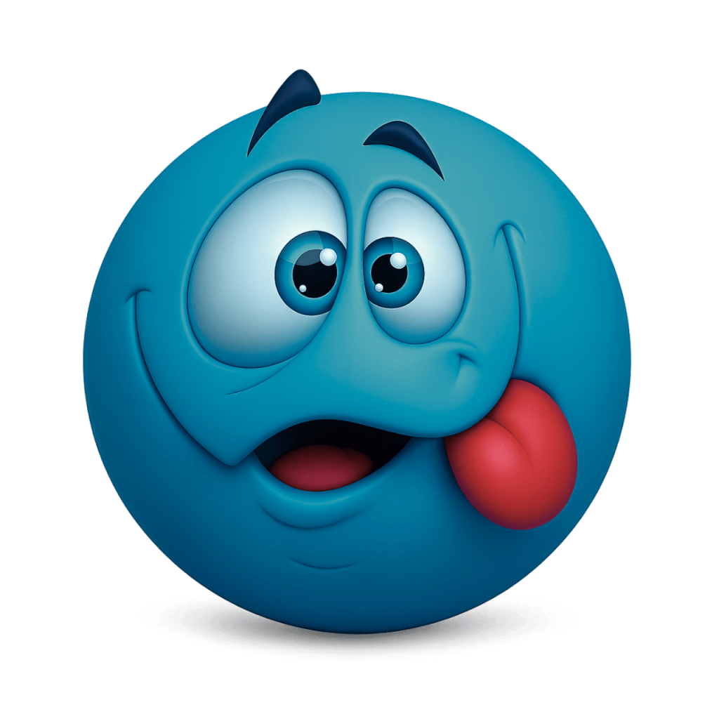 Teal 3D squinting face emoji with tongue sticking out mischievously on black background.