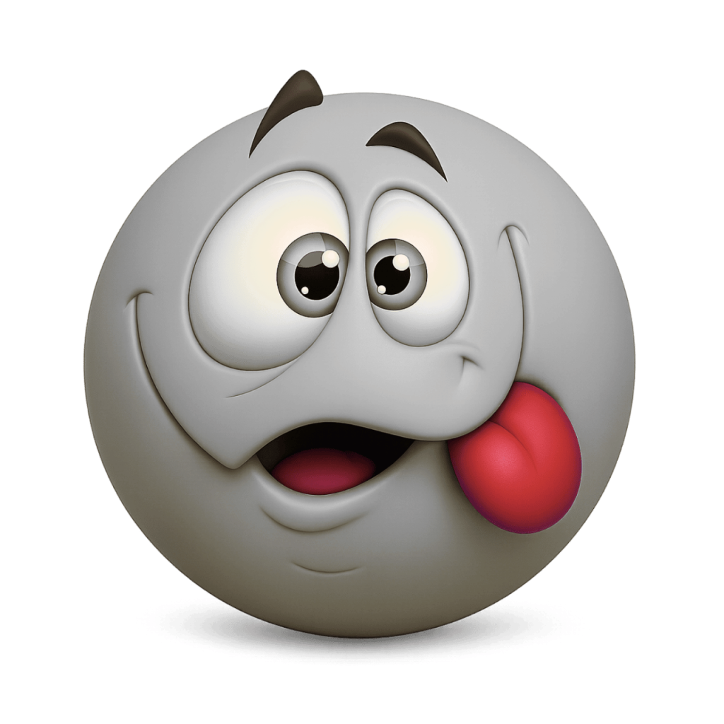 White 3D squinting face emoji with tongue sticking out mischievously on black background.
