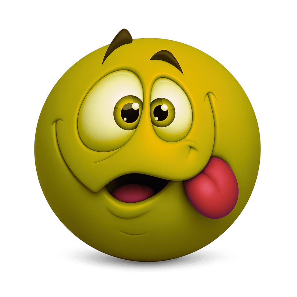 Yellow 3D squinting face emoji with tongue sticking out mischievously on black background.