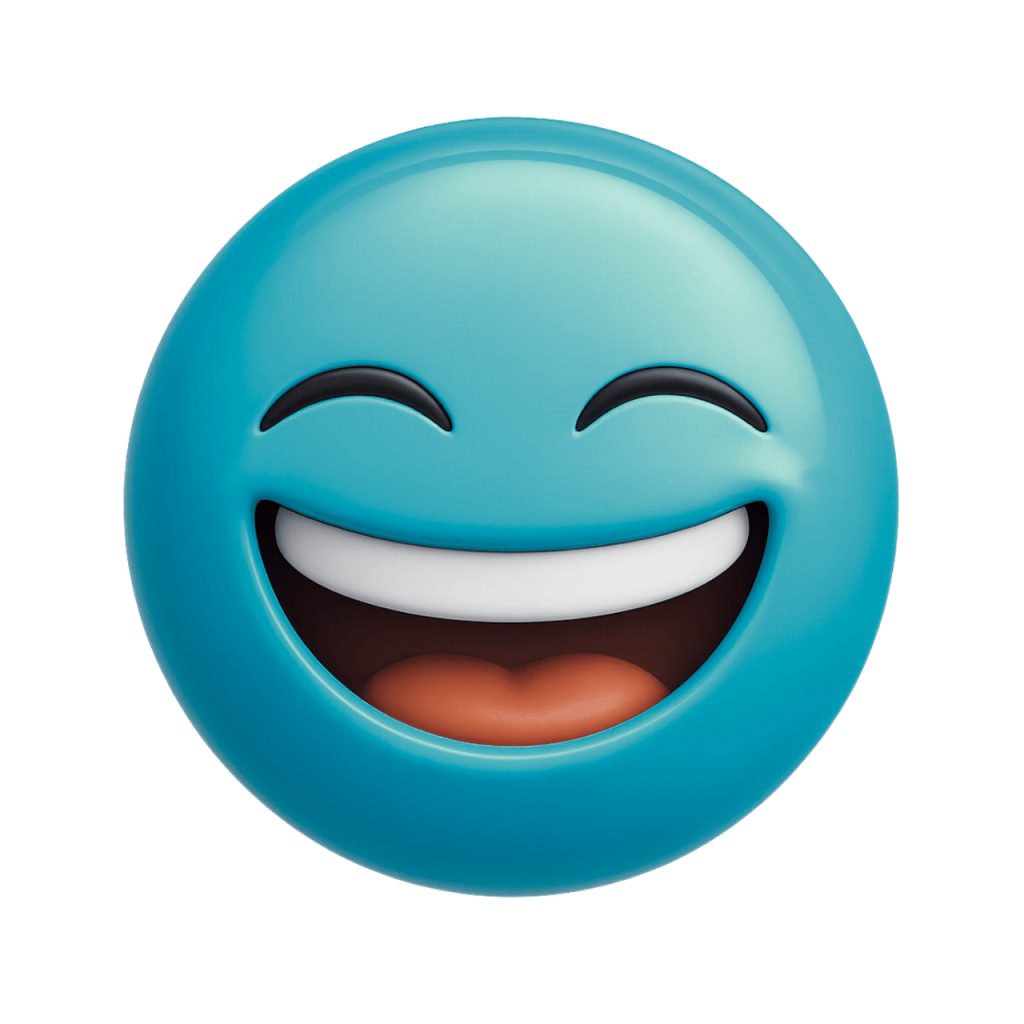 Teal joyful face emoji laughing with closed eyes and wide smile, expressing happiness.
