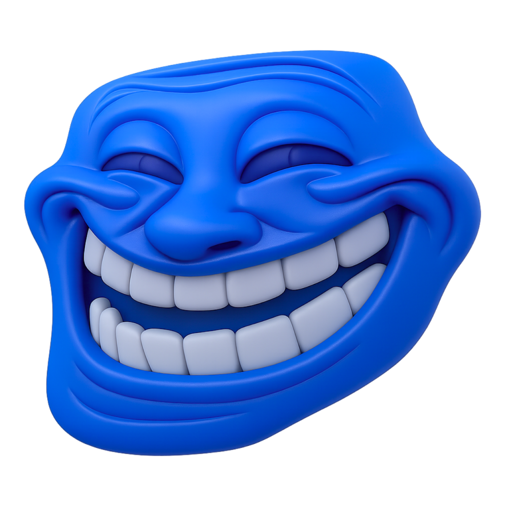 Blue 3D troll face meme emoji, grinning widely with closed eyes, iconic internet humor.