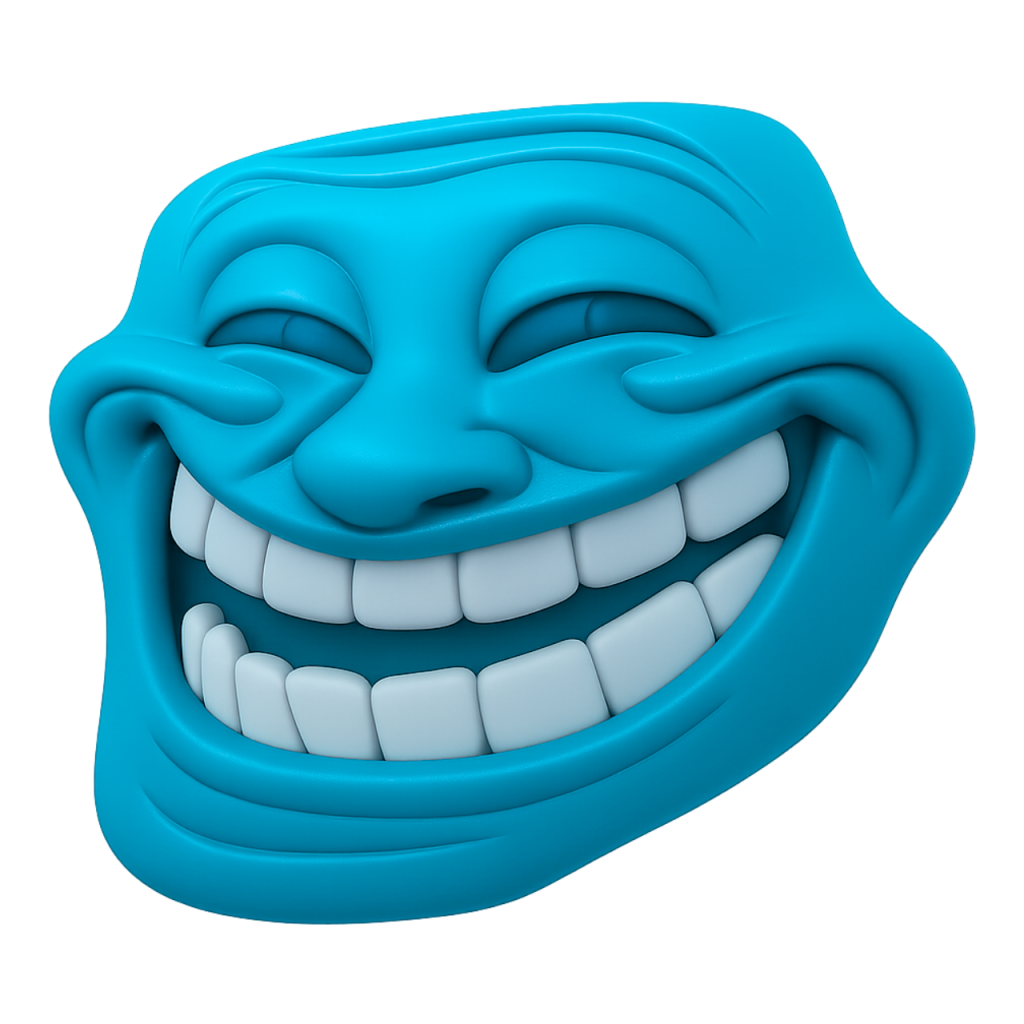 Cyan 3D troll face meme emoji, grinning widely with closed eyes, iconic internet humor.