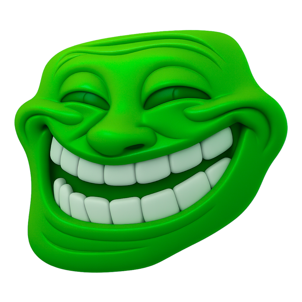 Green 3D troll face meme emoji, grinning widely with closed eyes, iconic internet humor.