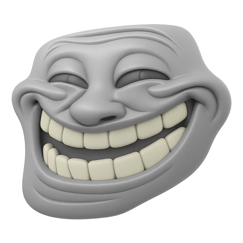 Grey 3D troll face meme emoji, grinning widely with closed eyes, iconic internet humor.