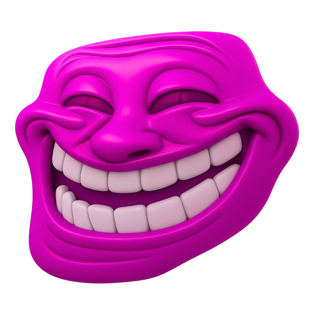 Pink 3D troll face meme emoji, grinning widely with closed eyes, iconic internet humor.