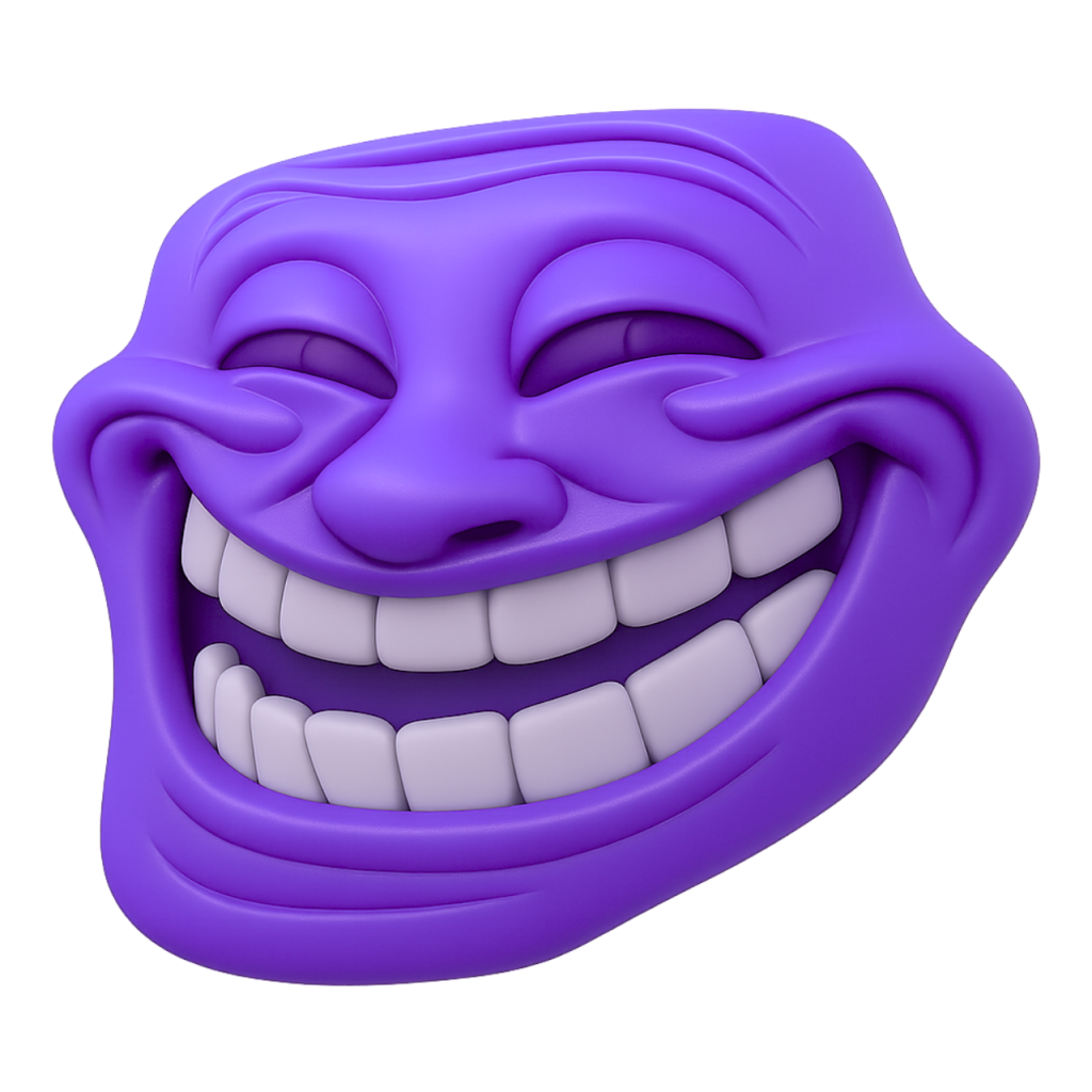 Purple 3D troll face meme emoji, grinning widely with closed eyes, iconic internet humor.