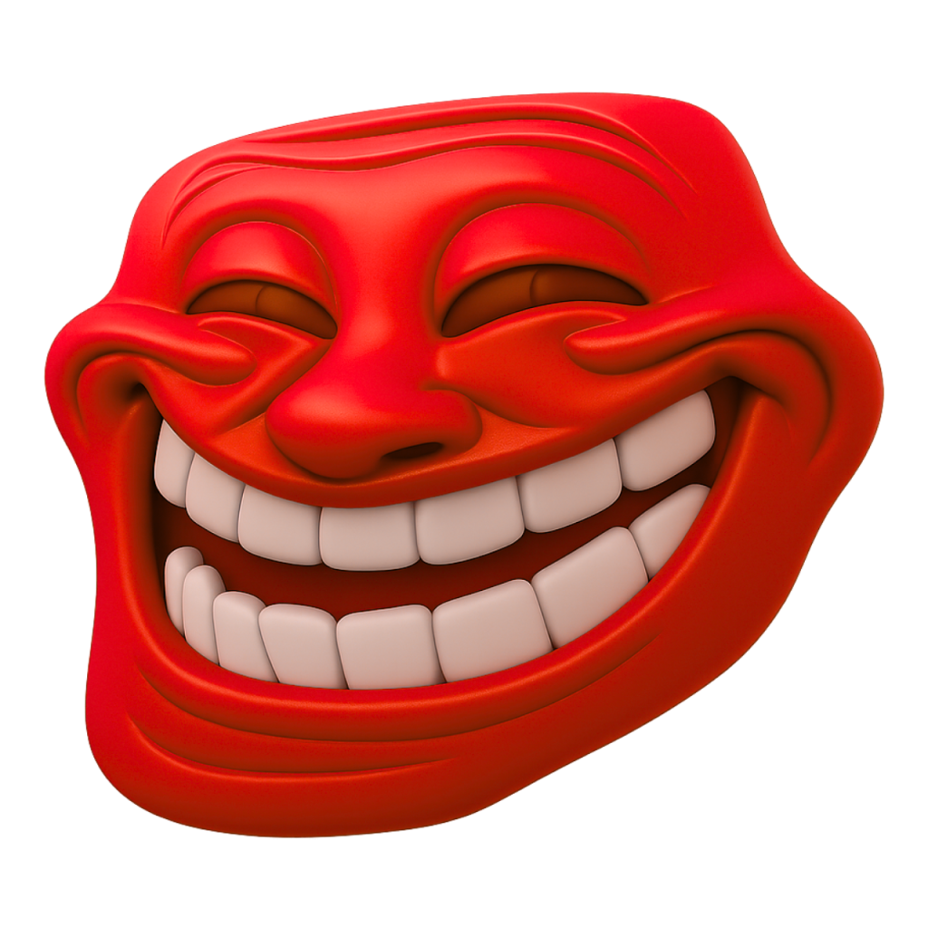 Red 3D troll face meme emoji, grinning widely with closed eyes, iconic internet humor.