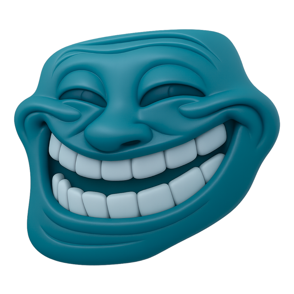 Teal 3D troll face meme emoji, grinning widely with closed eyes, iconic internet humor.