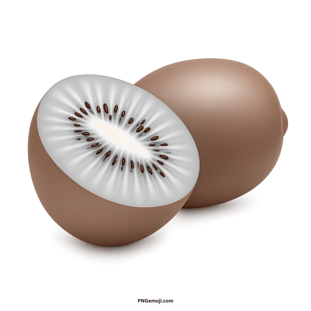 Whole and sliced white kiwi fruit, brown skin, contrasting dark seeds, 3D render