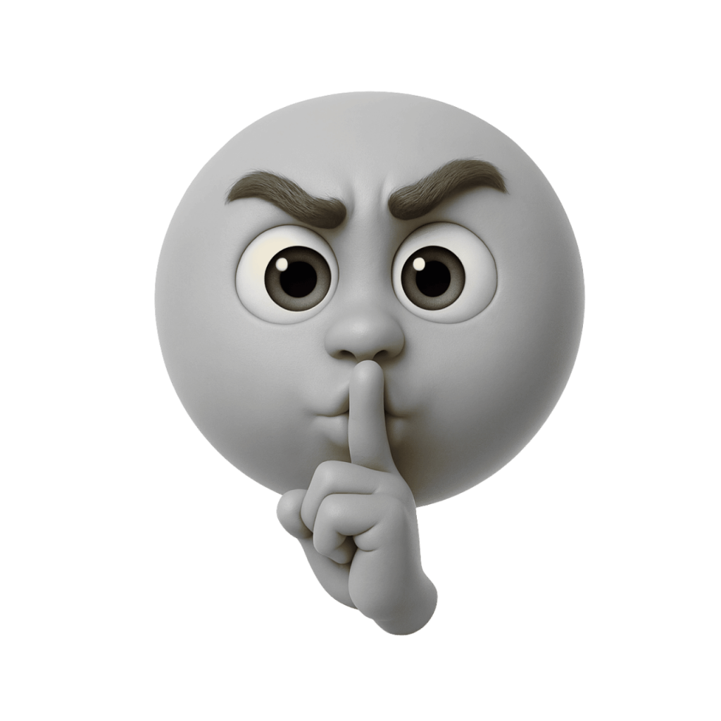 3D rendered white shushing face emoji with finger on lips, expressive