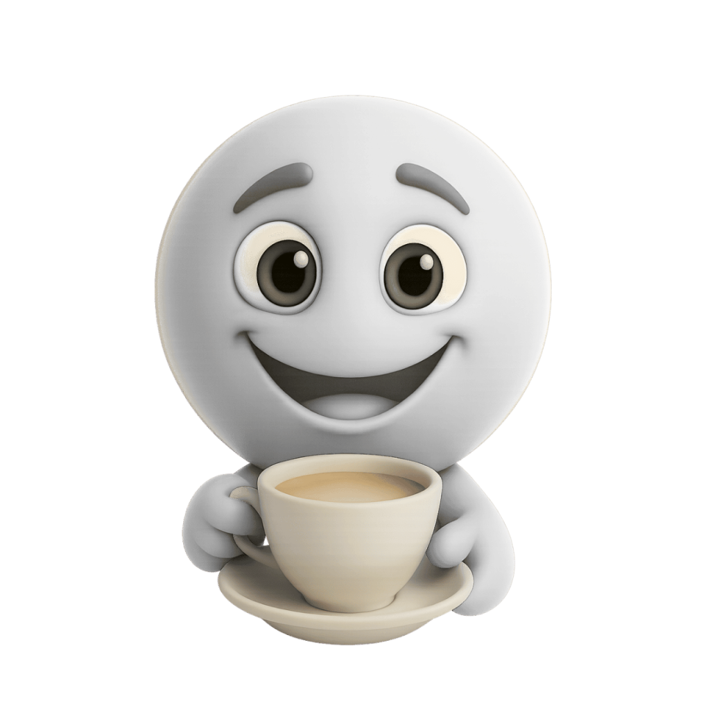 3D rendered white smiley face emoji holding a cup of coffee, cheerful