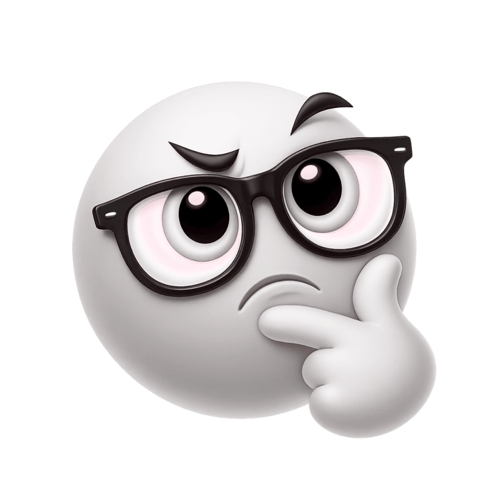 A white nerd-thinking emoji wearing glasses, with a hand on its chin, deep in thought.