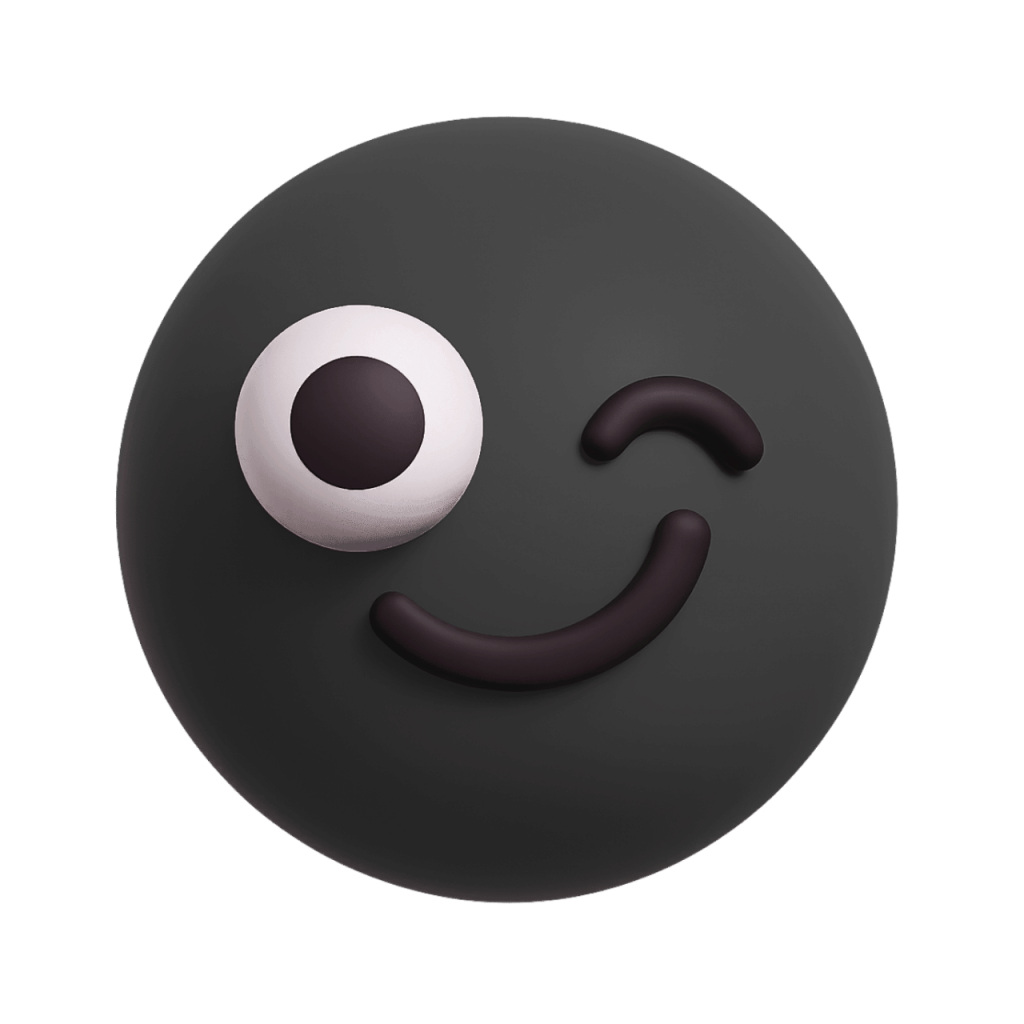 Black 3D winking smiley emoji with one eye open and a playful smile.