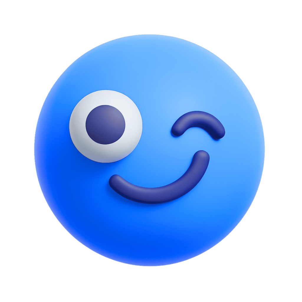 Blue 3D winking smiley emoji with one eye open and a playful smile.