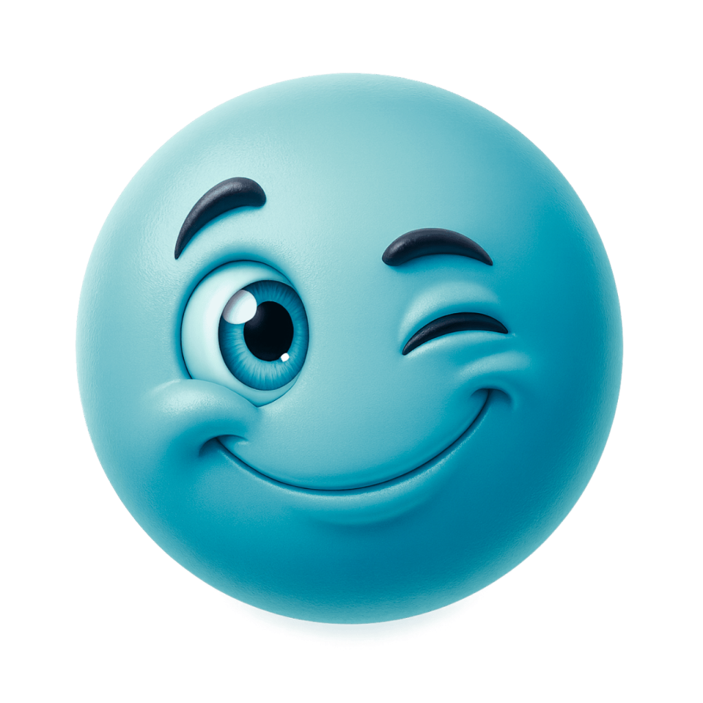 A happy, winking blue-green smiley face emoji with a playful expression.