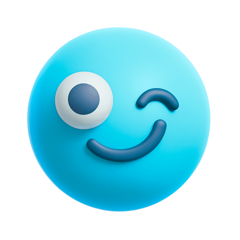 Cyan 3D winking smiley emoji with one eye open and a playful smile.