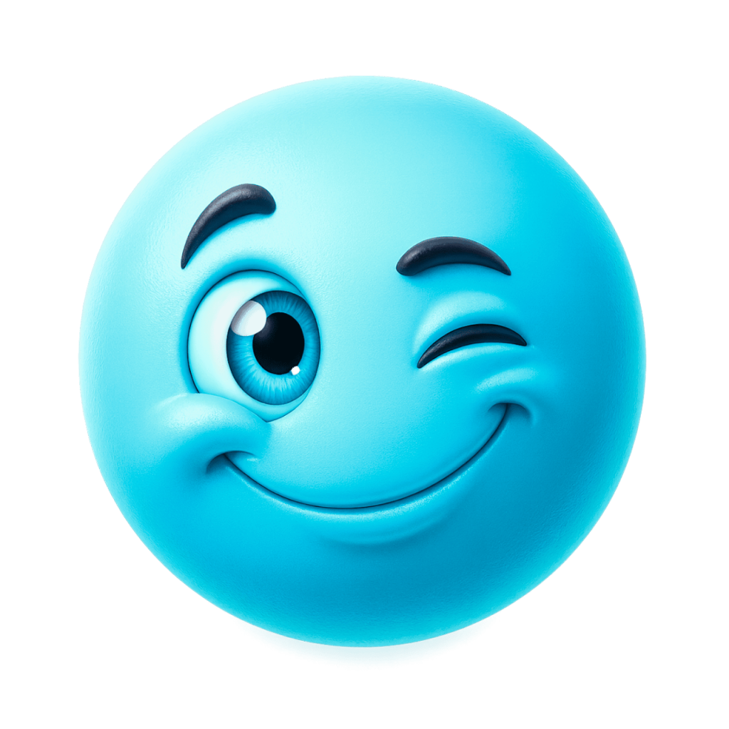 A happy, winking cyan smiley face emoji with a playful expression.