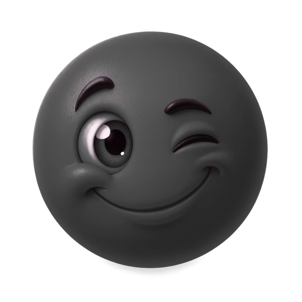 A friendly winking dark gray smiley face emoji with a happy expression.