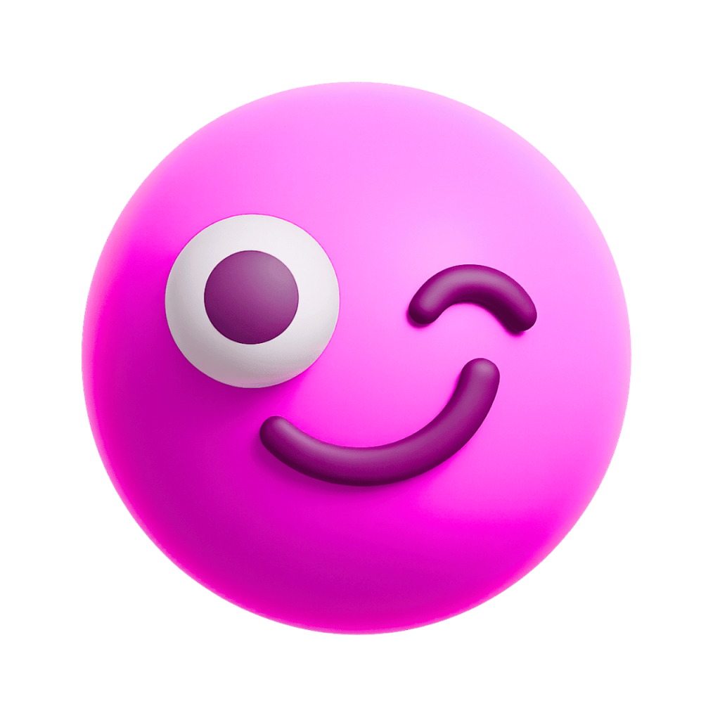 Fuchsia 3D winking smiley emoji with one eye open and a playful smile.