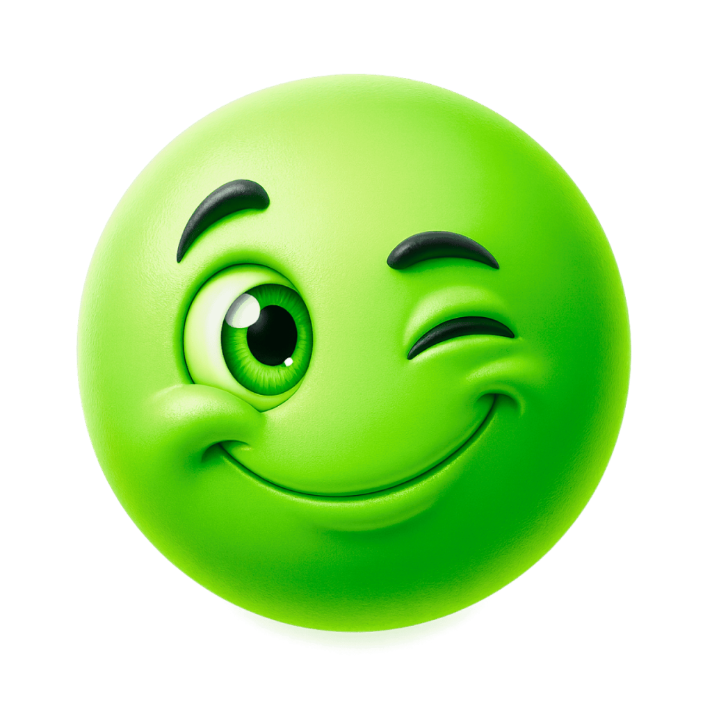 A happy, winking green smiley face emoji with a playful and cheerful expression.