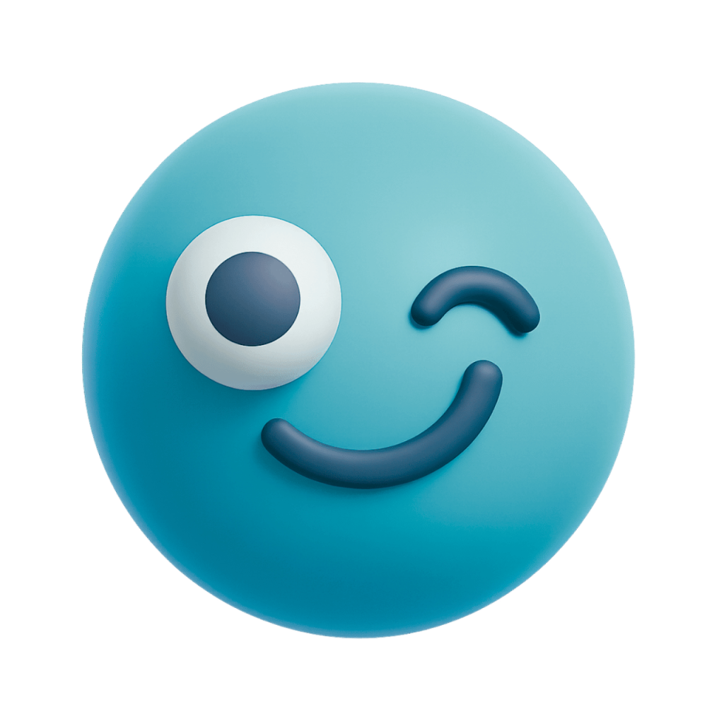 Light blue 3D winking smiley emoji with one eye open and a playful smile.