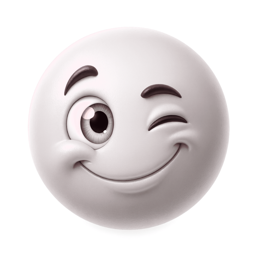 A happy, winking light gray smiley face emoji with a cheerful expression.