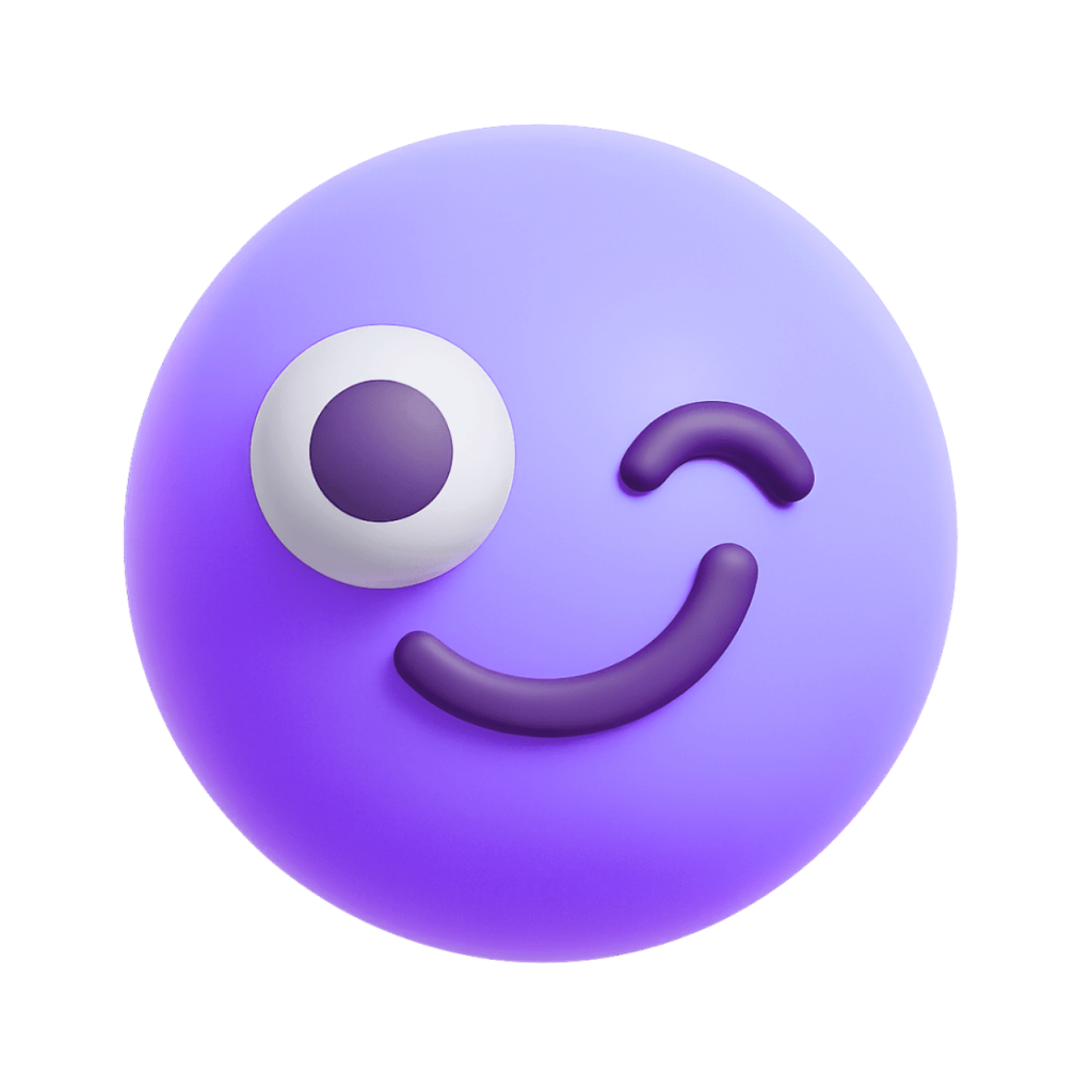 Purple 3D winking smiley emoji with one eye open and a playful smile.