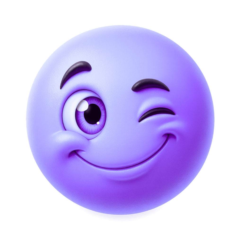 A happy, winking purple smiley face emoji with a playful expression.