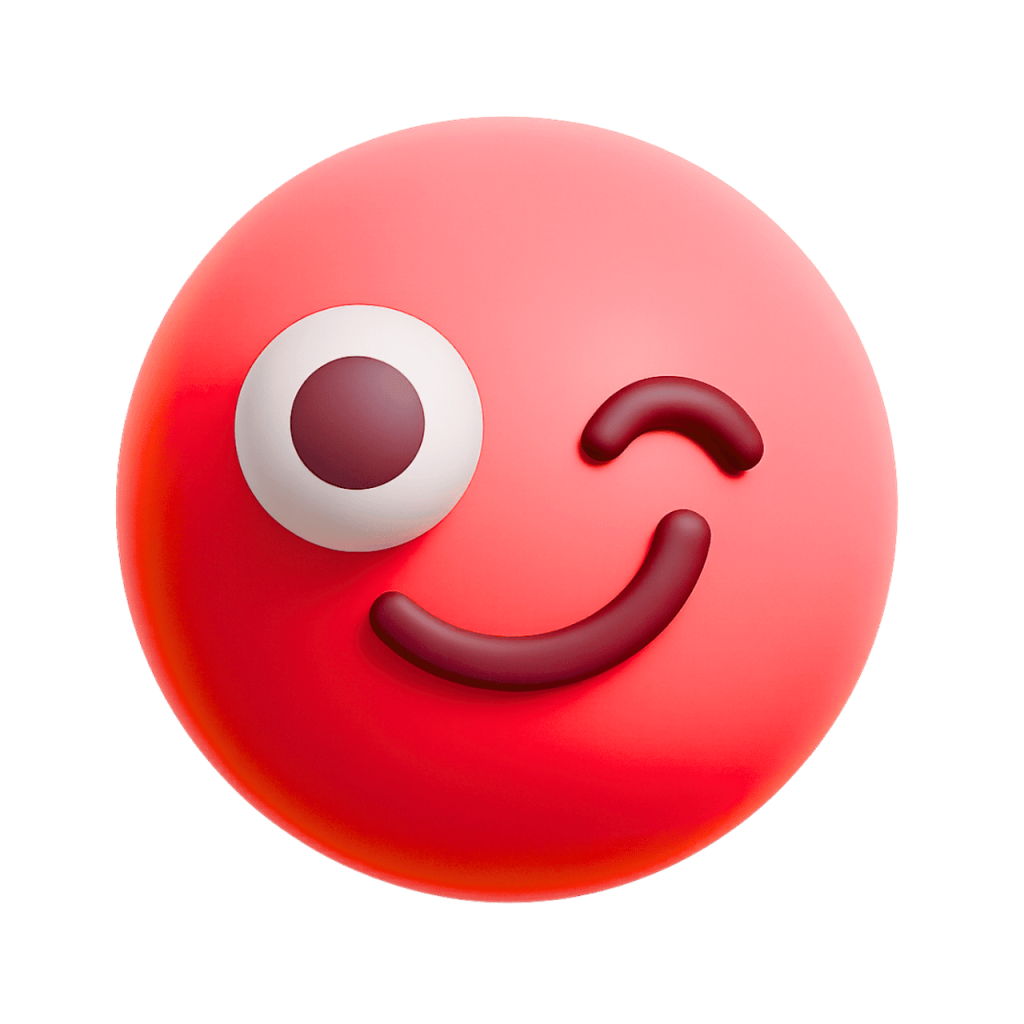 Red 3D winking smiley emoji with one eye open and a playful smile.