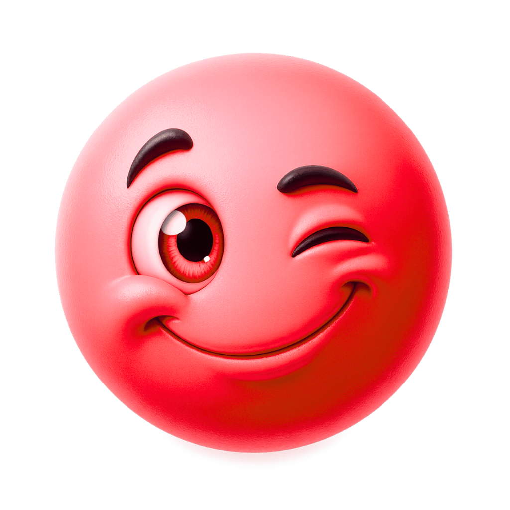 A happy, winking red smiley face emoji with a playful and cheerful expression.