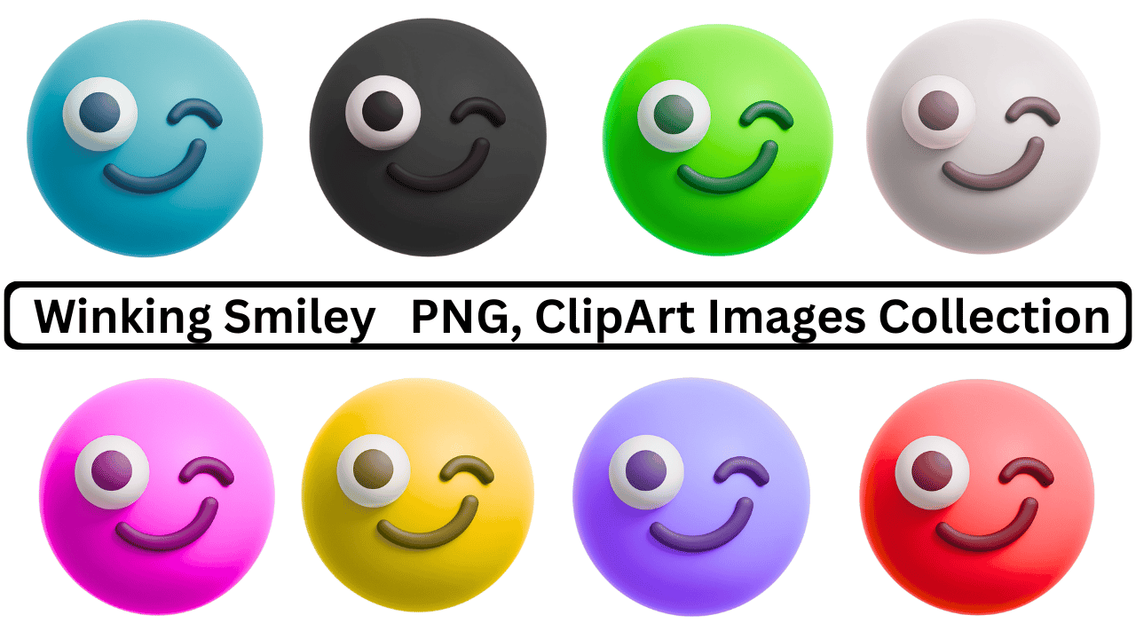 Collection of colorful 3D winking smiley emojis, various colors, clipart.