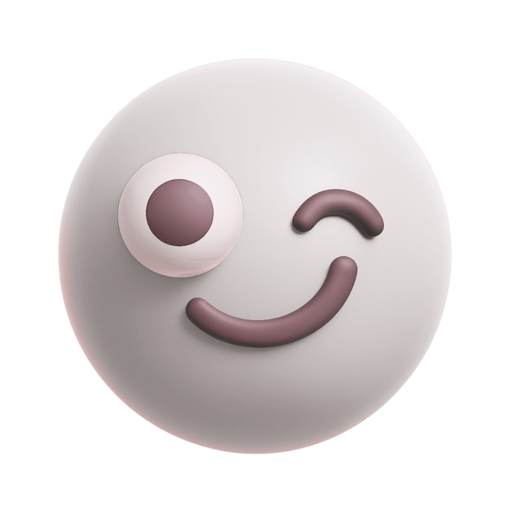 White 3D winking smiley emoji with one eye open and a playful smile.