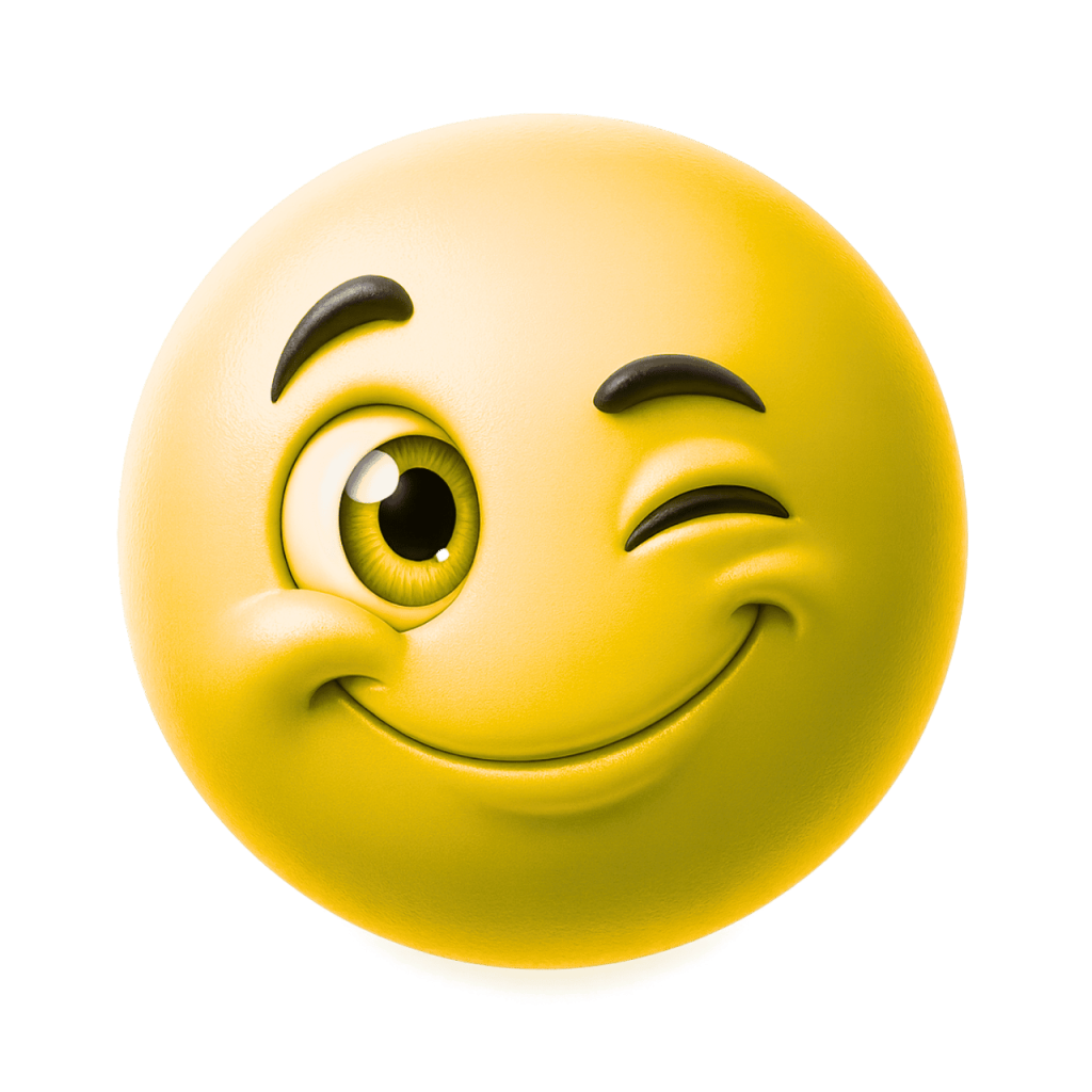 A classic happy, winking yellow smiley face emoji with a cheerful expression.