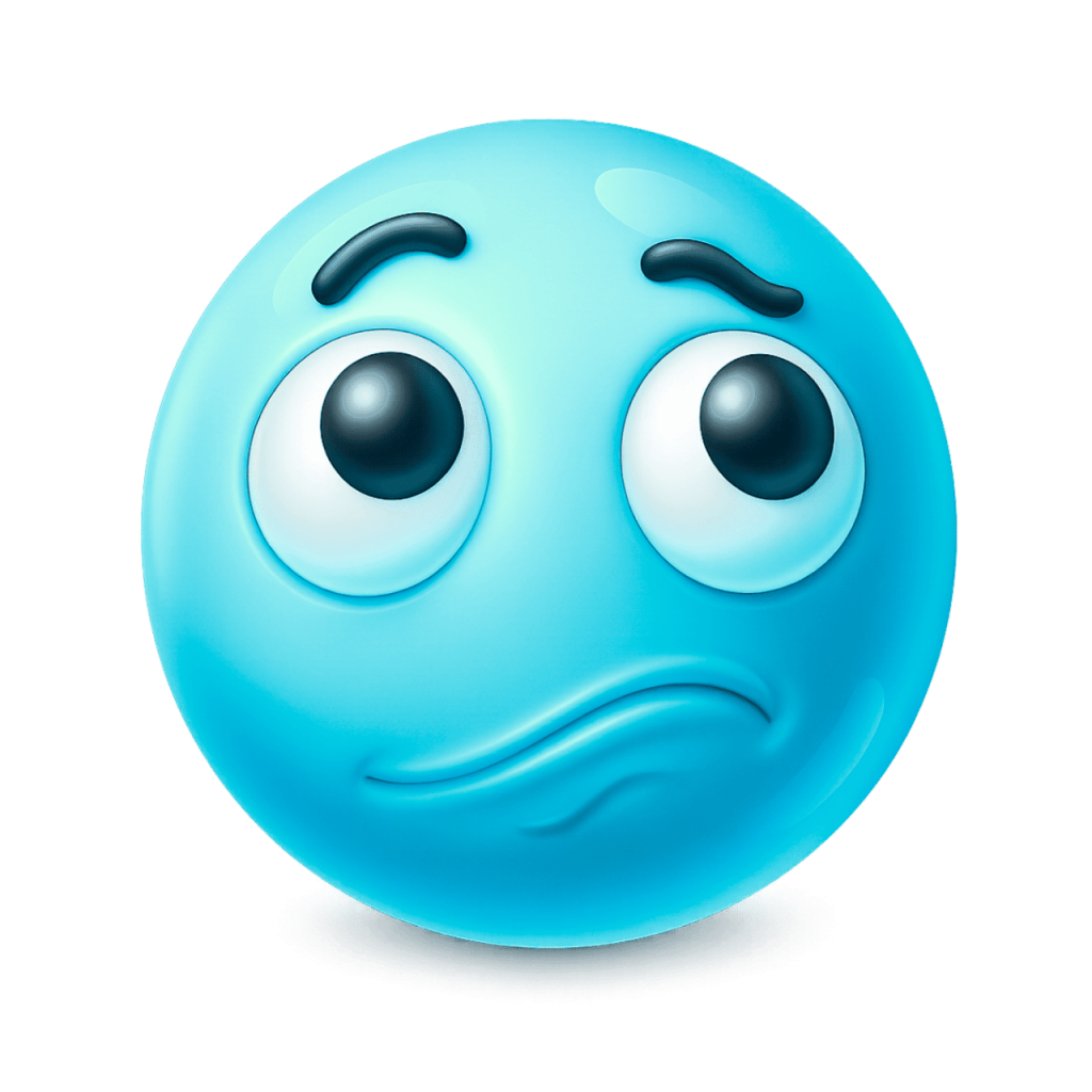 Worried 3D cyan face emoji with furrowed brows and pensive expression on black background.
