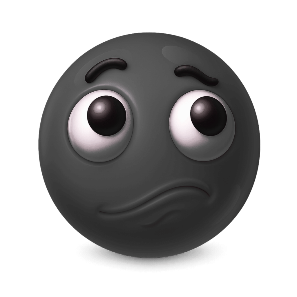 Worried 3D gray face emoji with furrowed brows and pensive expression on black background.