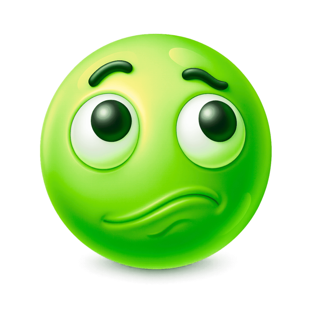 Worried 3D green face emoji with furrowed brows and pensive expression on black background.