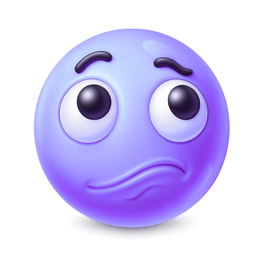 Worried 3D lavender face emoji with furrowed brows and pensive expression on black background.