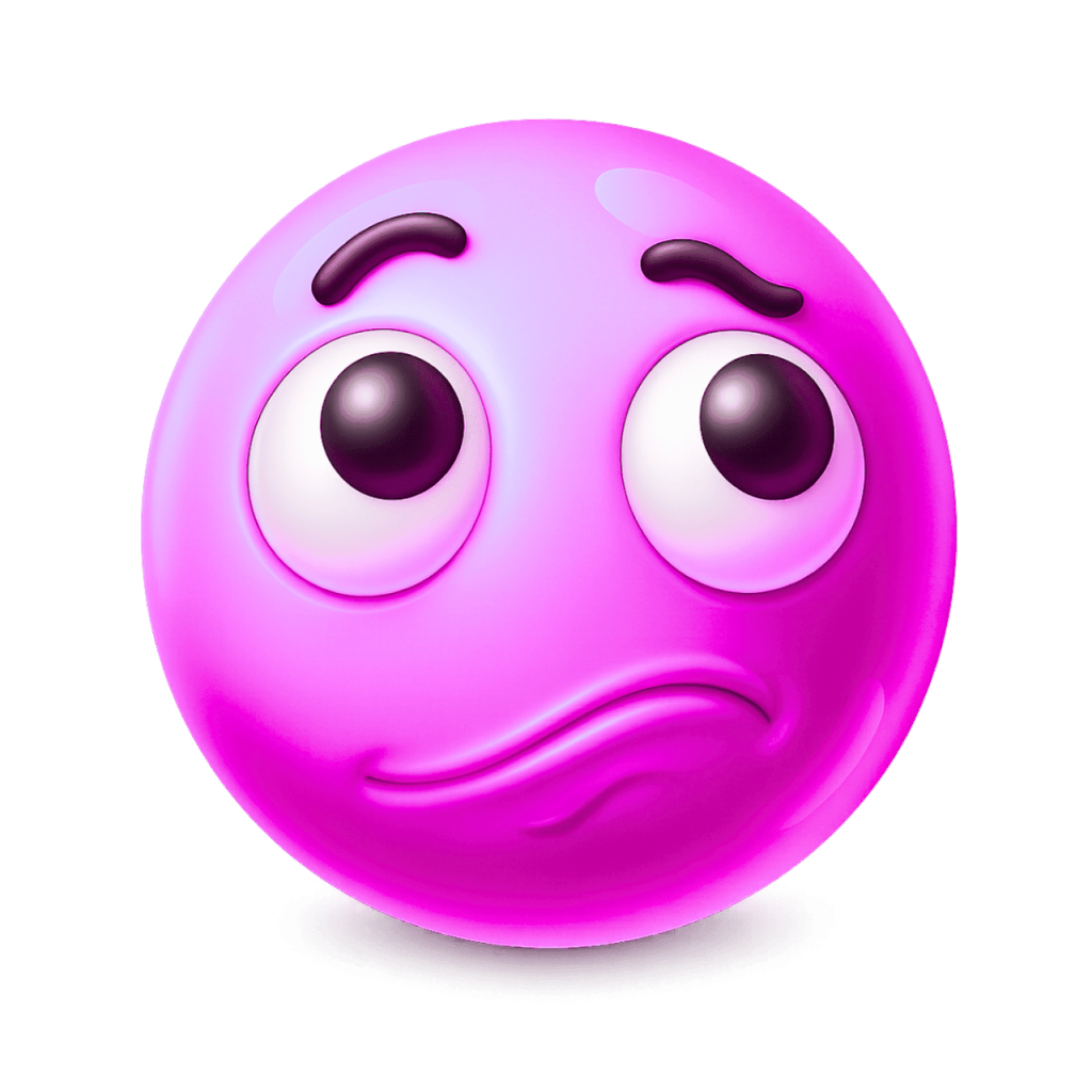 Worried 3D magenta face emoji with furrowed brows and pensive expression on black background.