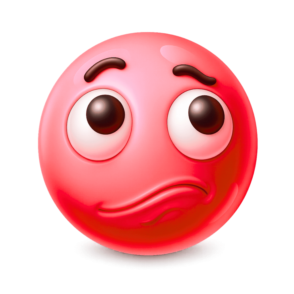 Worried 3D red face emoji with furrowed brows and pensive expression on black background.