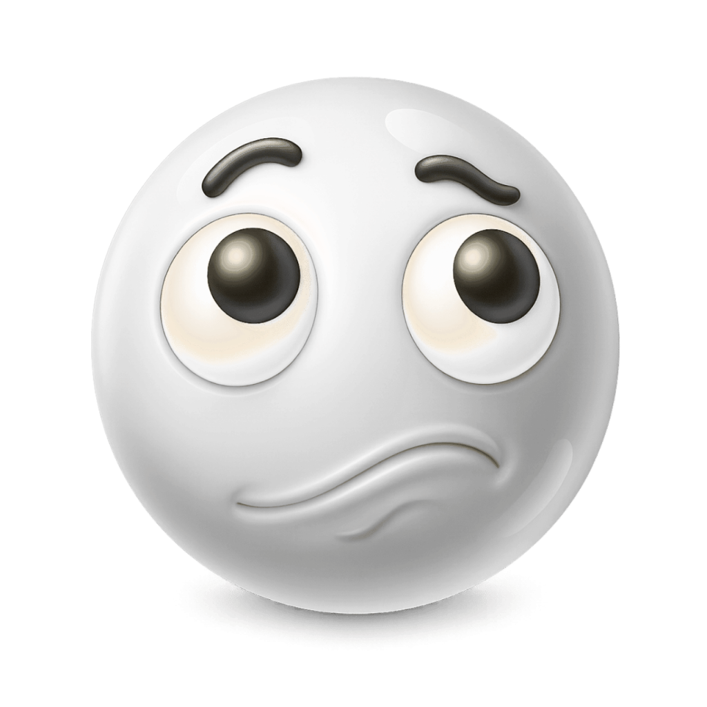 Worried 3D white face emoji with furrowed brows and pensive expression on black background.
