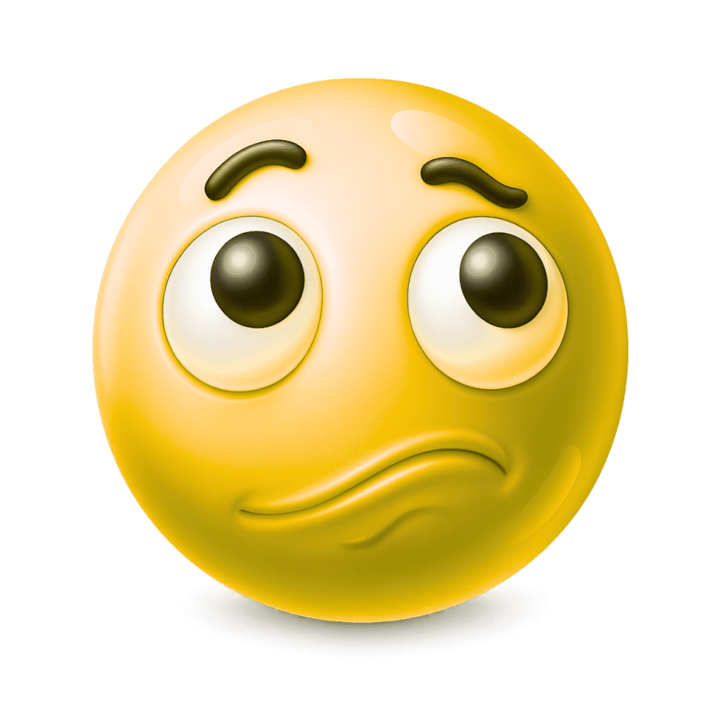 Worried 3D yellow face emoji with furrowed brows and pensive expression on black background.
