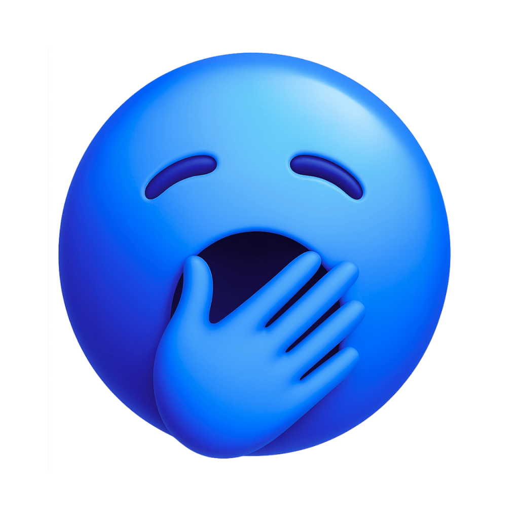 Yawning blue face emoji with hand over mouth, sleepy expression, vector graphic.