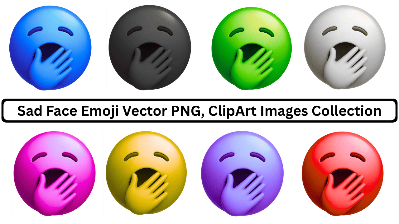 Collection of yawning face emojis in various colors including blue, black, green, white, pink, yellow, purple, red.